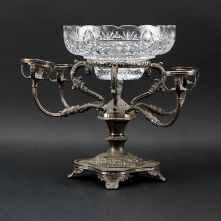 Appraisal: Antique Old Sheffield Silver Plate and Glass Arm Epergne Repouss