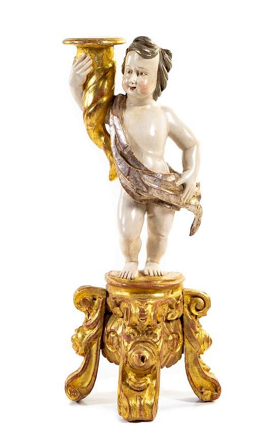 Appraisal: An Italian Painted and Parcel Gilt Figural Torchere Height inches