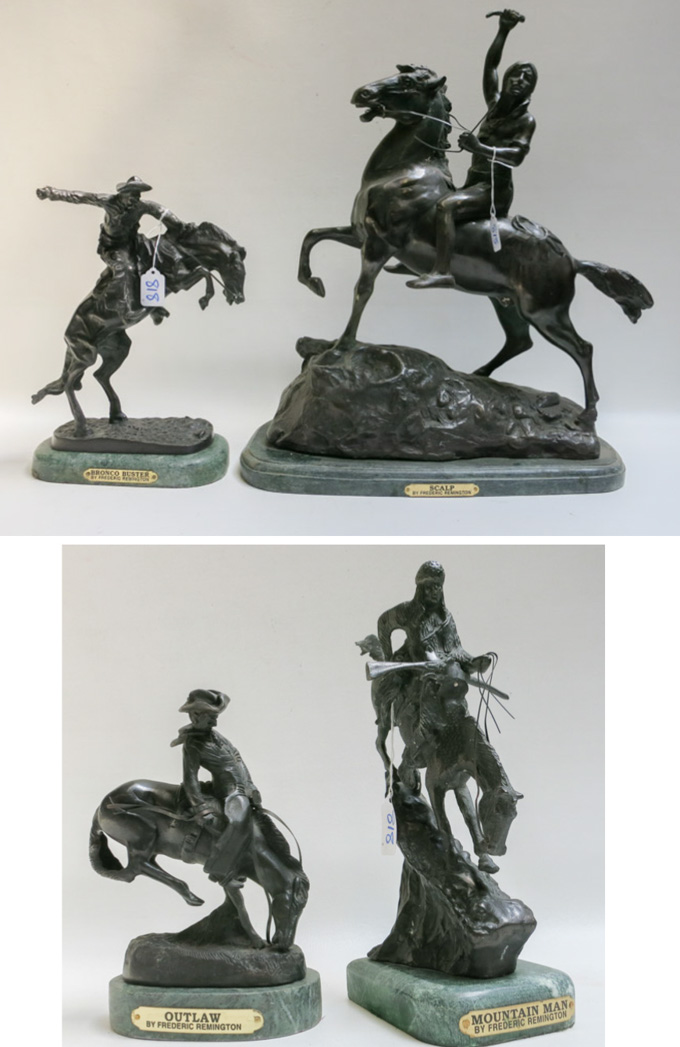 Appraisal: FOUR CAST METAL REMINGTON INSPIRED SCULPTURES including Outlaw Bronco Buster