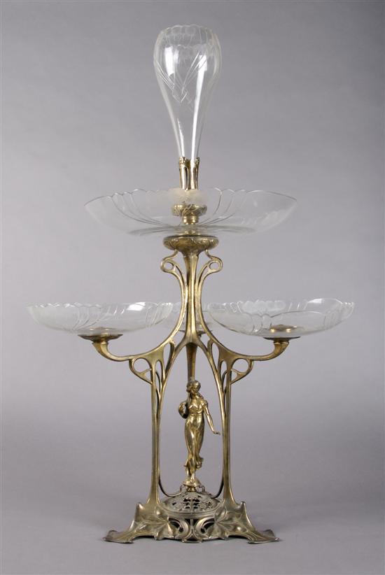 Appraisal: A Gilt Metal and Etched Glass Art Nouveau Epergne Height