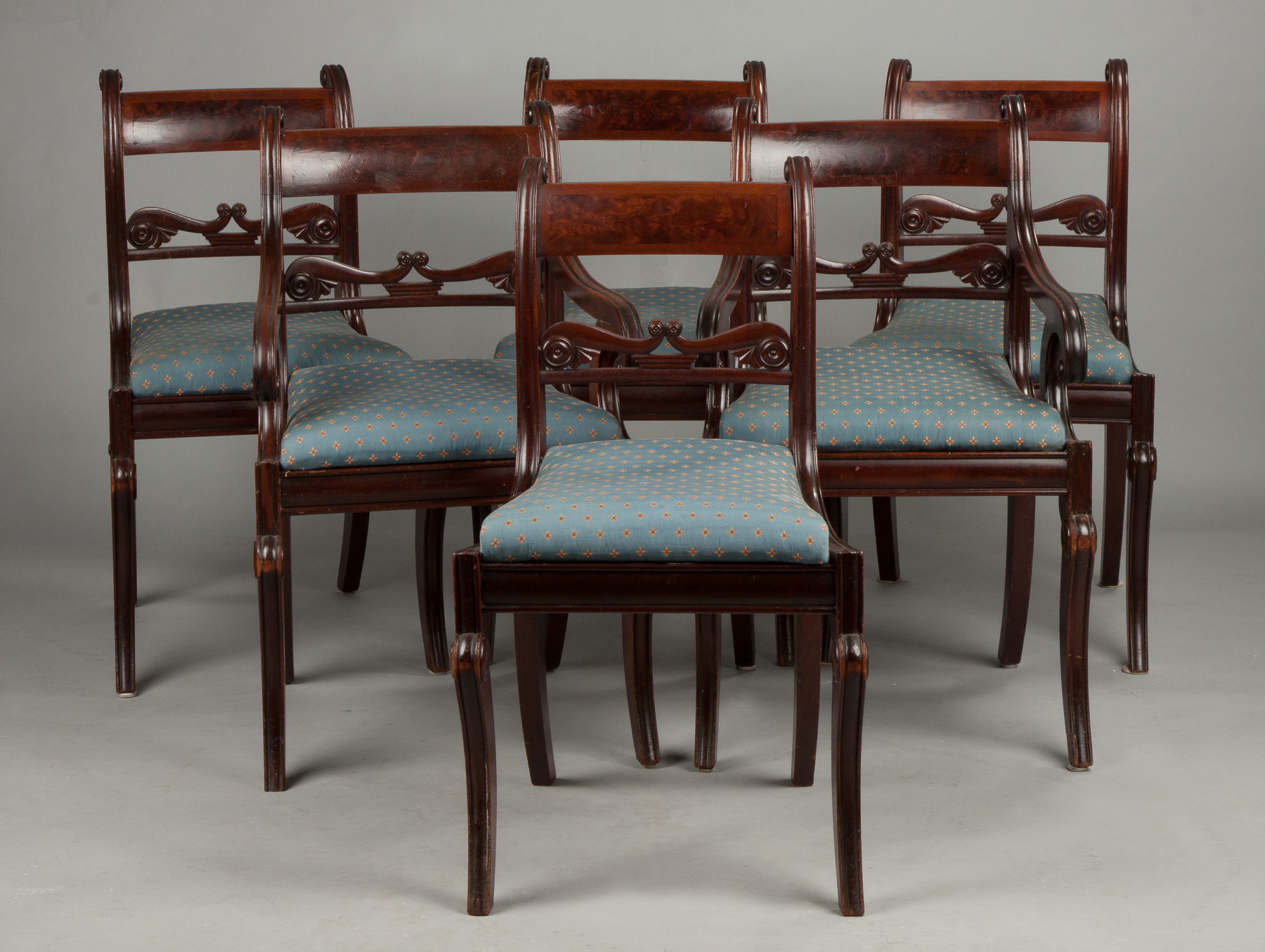 Appraisal: Set of Six Carved Figured Mahogany Classical Dining Room Chairs