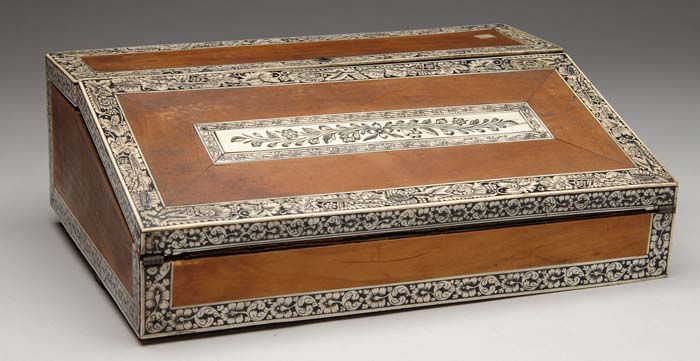 Appraisal: INTRICATELY INLAID IVORY AND WOOD TRAVELING WRITING BOX Outside of