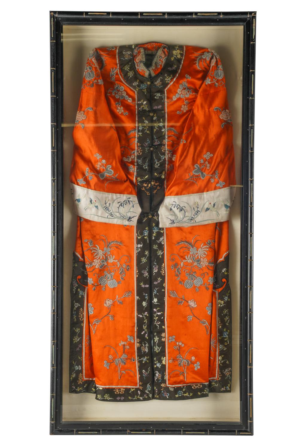 Appraisal: FRAMED CHINESE ROBEorange and blue silk approximately inches high x