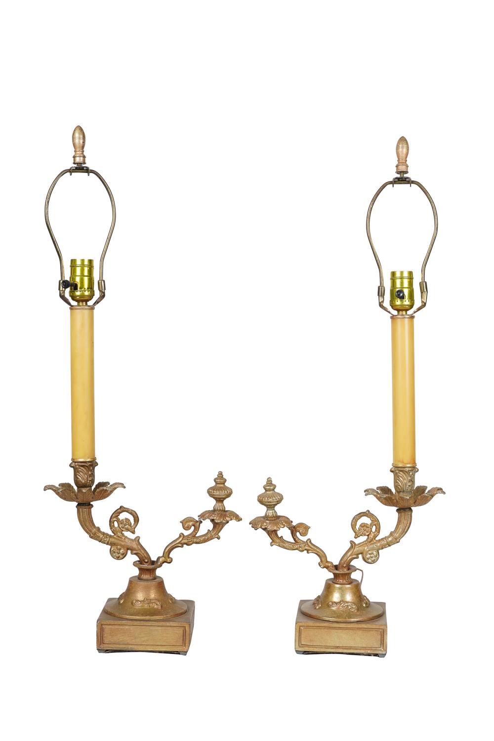 Appraisal: PAIR OF FRENCH GILT METAL CANDLESTICK TABLE LAMPSwith matching shades