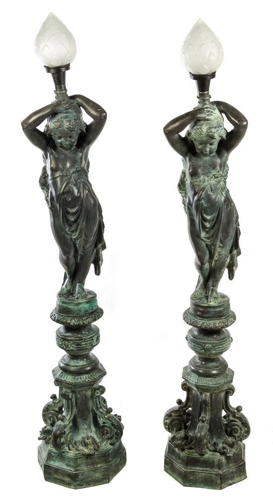 Appraisal: Sale Lot A Pair of Bronze Figural Torcheres th century