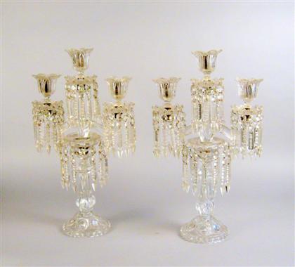 Appraisal: Pair of molded glass three-light candelabra possibly baccarat Each with