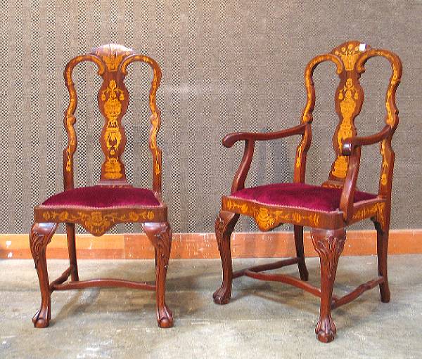 Appraisal: A set of six Dutch Baroque style marquetry dining chairs