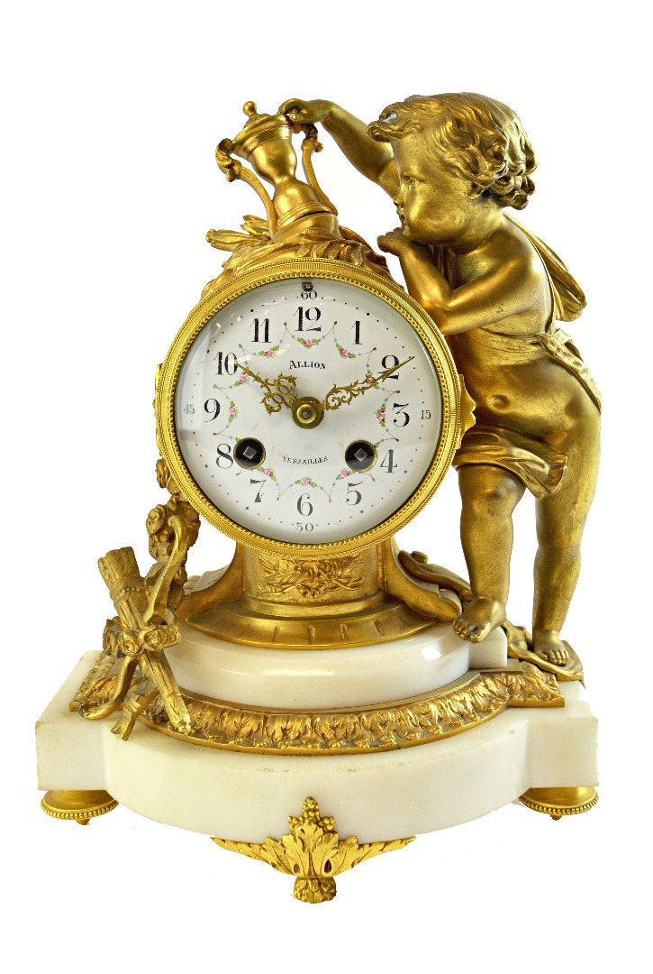 Appraisal: A Louis XIV ormolu and white marble mantel clock early