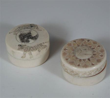 Appraisal: Two Japanese ivory boxes Meiji Period comprising a circular box