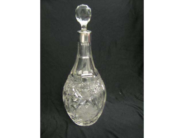 Appraisal: Cut Glass Decanter witih Sterling Silver Rim floral cane decor