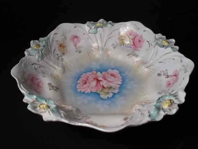 Appraisal: Antique hand painted floral porcelain centerpiece bowl Prussia Viersa Red