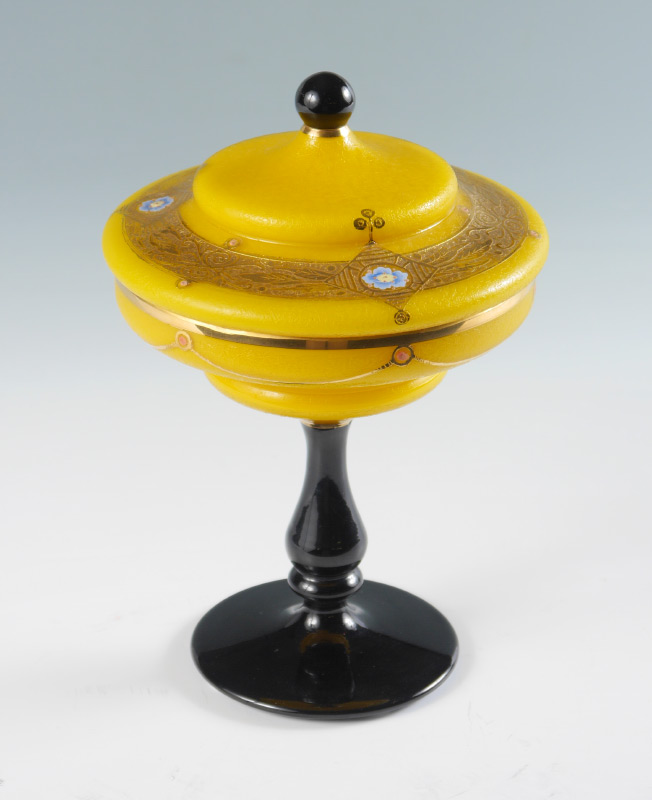 Appraisal: BOHEMIAN GLASS COVERED COMPOTE Yellow patterned glass lid with gilt