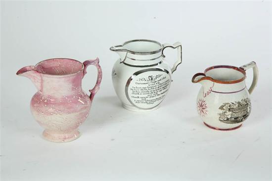 Appraisal: THREE PITCHERS Two pearlware one with fraternal transfer decoration h