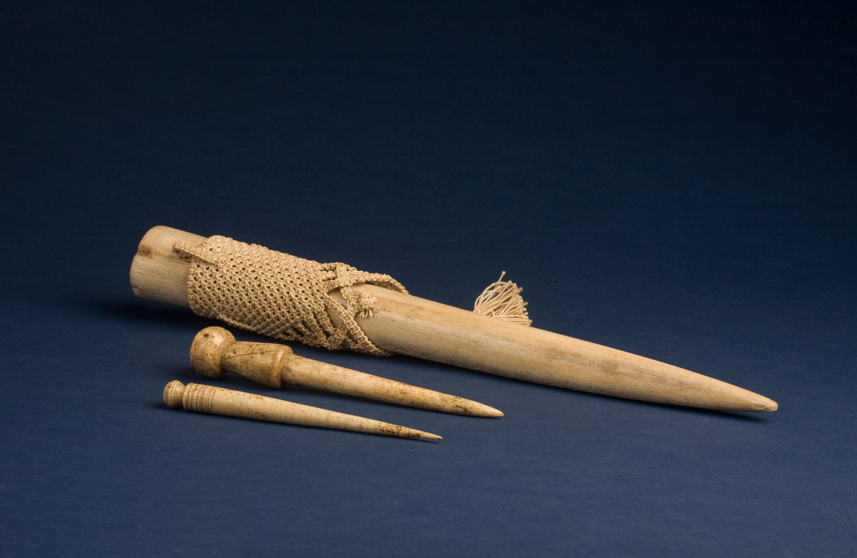 Appraisal: THREE BONE FIDS THE LARGEST WITH MACRAME SHEATH The first