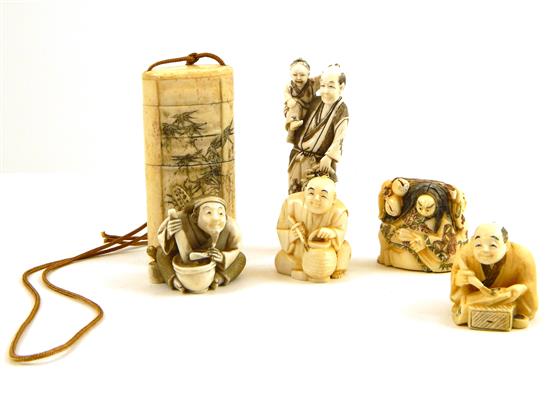 Appraisal: ASIAN Five ivory Japanese figural netsuke all signed including three