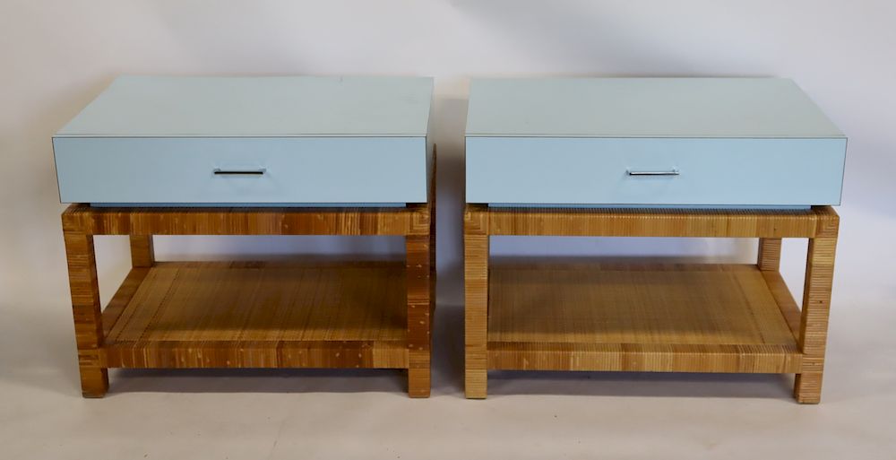 Appraisal: Pair Of Laminated Drawer End Tables With Rattan Bases Very