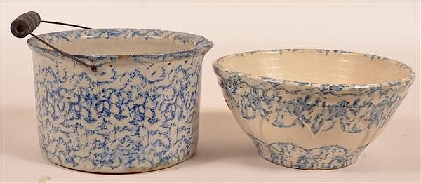 Appraisal: Pcs of Blue Sponge Decorated Stoneware Two Pieces of Blue