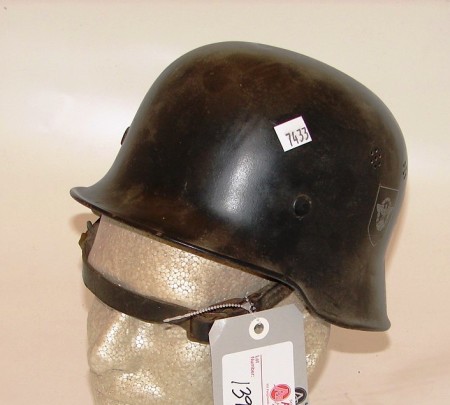 Appraisal: German WWII black painted double decal Fire Police helmet Complete