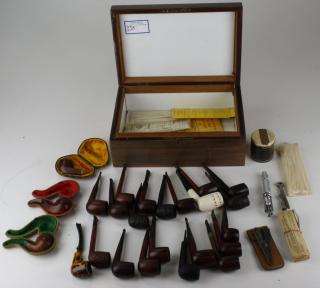 Appraisal: Lot Of Estate Pipes In Mahogany Humidor Mahogany Humidor with