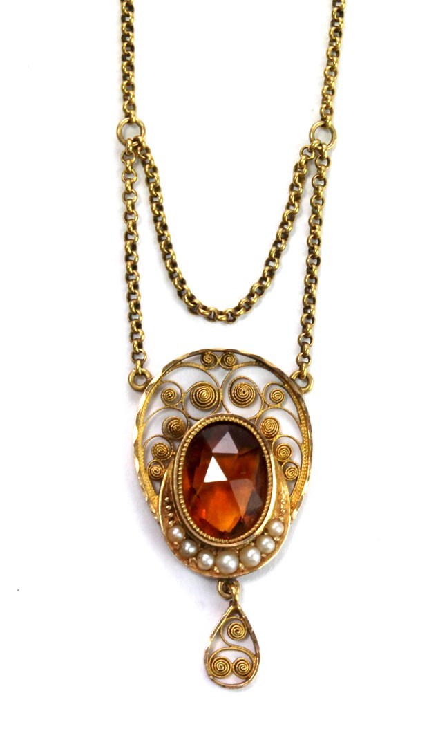 Appraisal: A Swedish gold citrine and seed pearl set pendant necklace