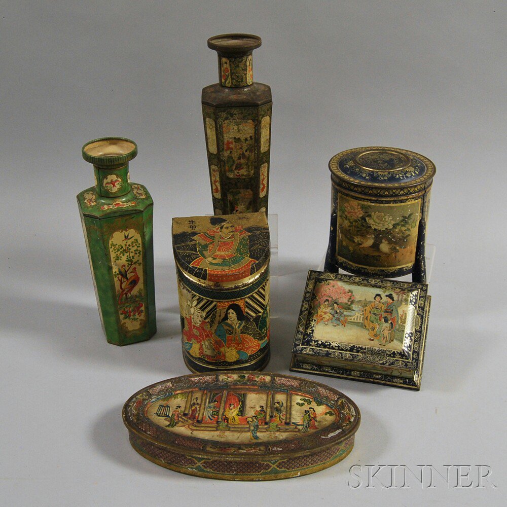 Appraisal: Six Japanese-inspired Biscuit Tins including two Huntley Palmers cloisonne vase-form