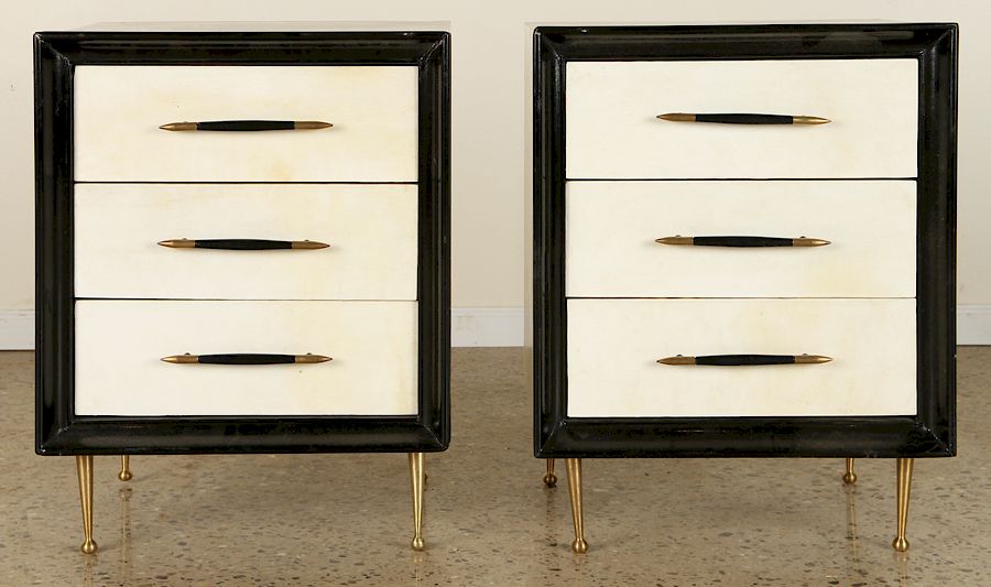 Appraisal: PAIR OF THREE DRAWER CABINETS PARCHMENT C A pair of