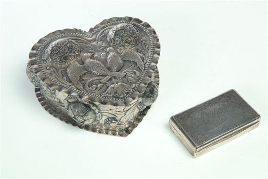 Appraisal: TWO SILVER BOXES Probably European th century Heart-shaped box with