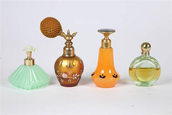 Appraisal: FOUR GLASS PERFUME BOTTLES Case iridescent gold with enamel decoration