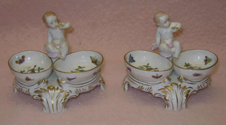 Appraisal: PAIR OF HEREND PORCELAIN SALT CELLARS Rothschild Bird pattern each