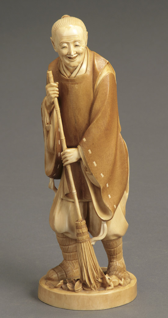 Appraisal: Japanese Partial Tea-Stained Ivory Okimono of an Elderly Woman with