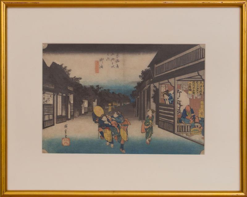 Appraisal: Japanese School Three Framed Woodblock Prints The first and second