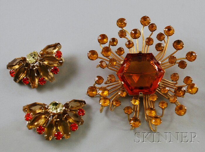 Appraisal: Eisenberg Gilt-metal and Orange Glass Brooch together with a pair