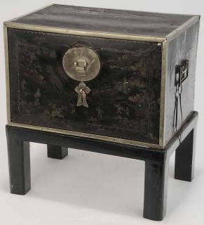 Appraisal: Asian Lacquered Valuables Chest black lacquered multi-drawers with floral decoration