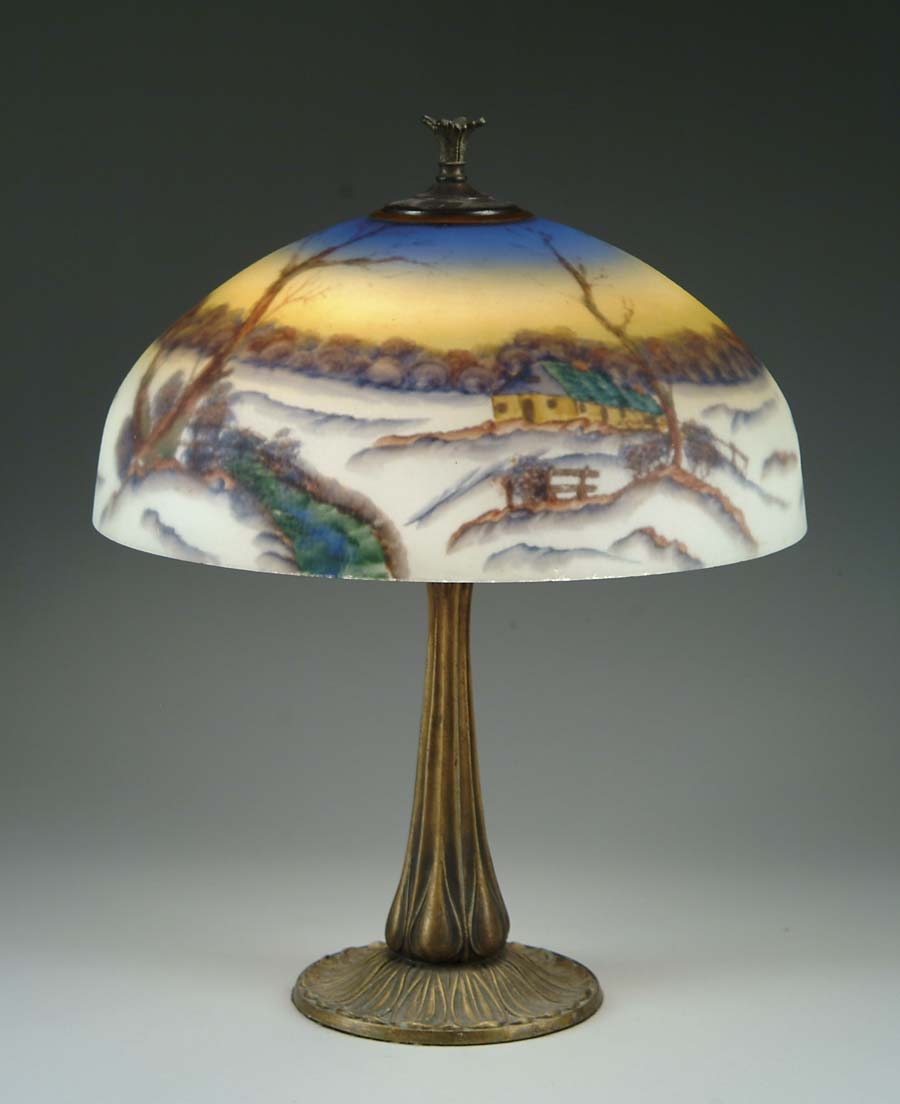 Appraisal: PITTSBURGH REVERSE PAINTED SCENIC LAMP The shade is a winter