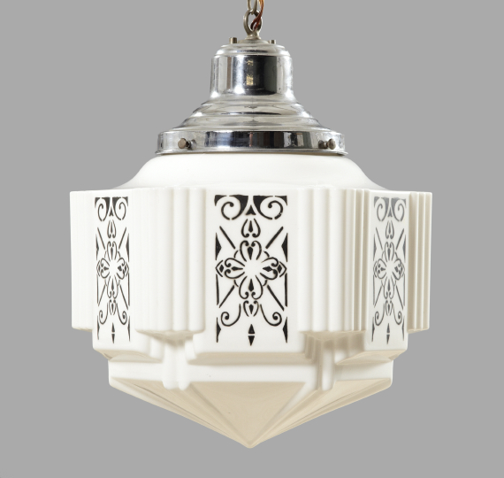 Appraisal: American Chrome and Milk Glass Foyer Lantern of stepped and