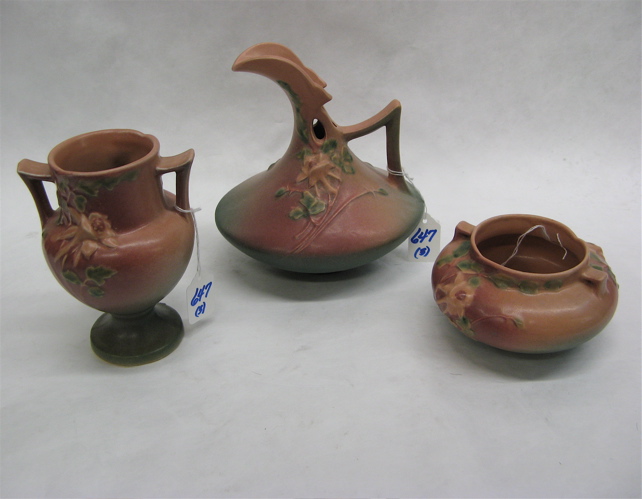 Appraisal: THREE PIECES ROSEVILLE POTTERY in the Columbine pattern ewer height