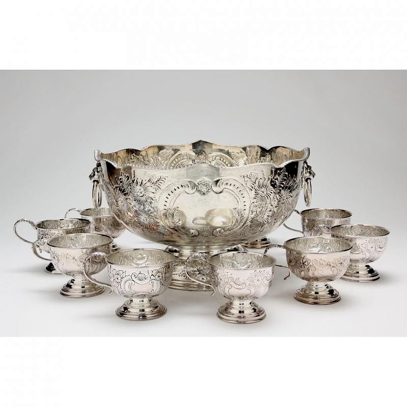 Appraisal: Vintage English Silverplate Punch Bowl with Cups the th century