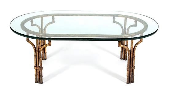 Appraisal: A Modern Gilt Metal Faux-Bamboo Glass Top Table Height x