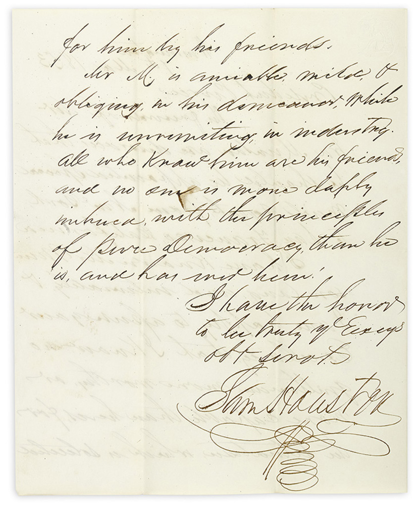 Appraisal: TO RECENTLY-ELECTED PRESIDENT PIERCE HOUSTON SAMUEL Autograph Letter Signed SamHouston