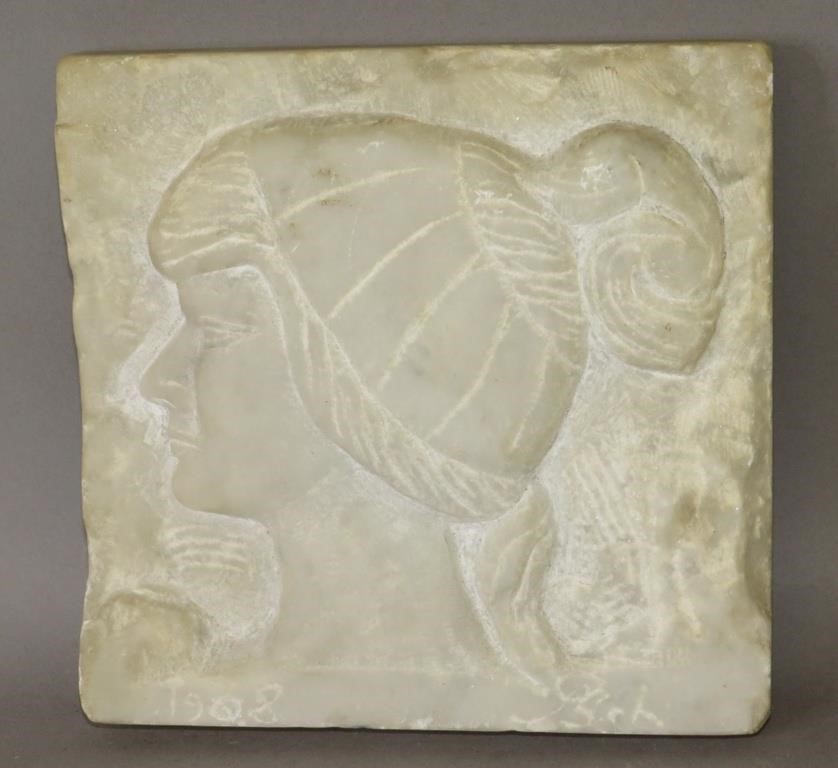 Appraisal: CARVED MARBLE PLAQUE OF UNKNOWN GODDESSca dated square white marble