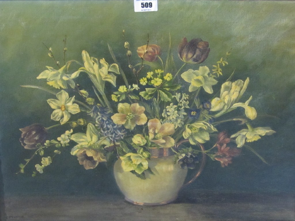 Appraisal: Oil on canvas still life signed E MILLAIS