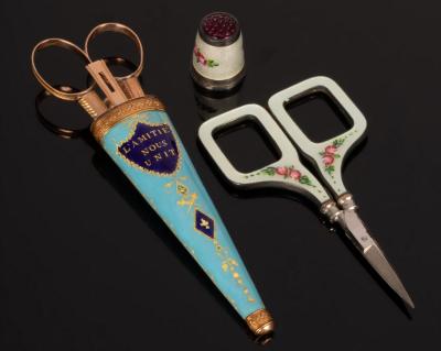 Appraisal: A pair of guilloch enamel mounted scissors and matching sterling