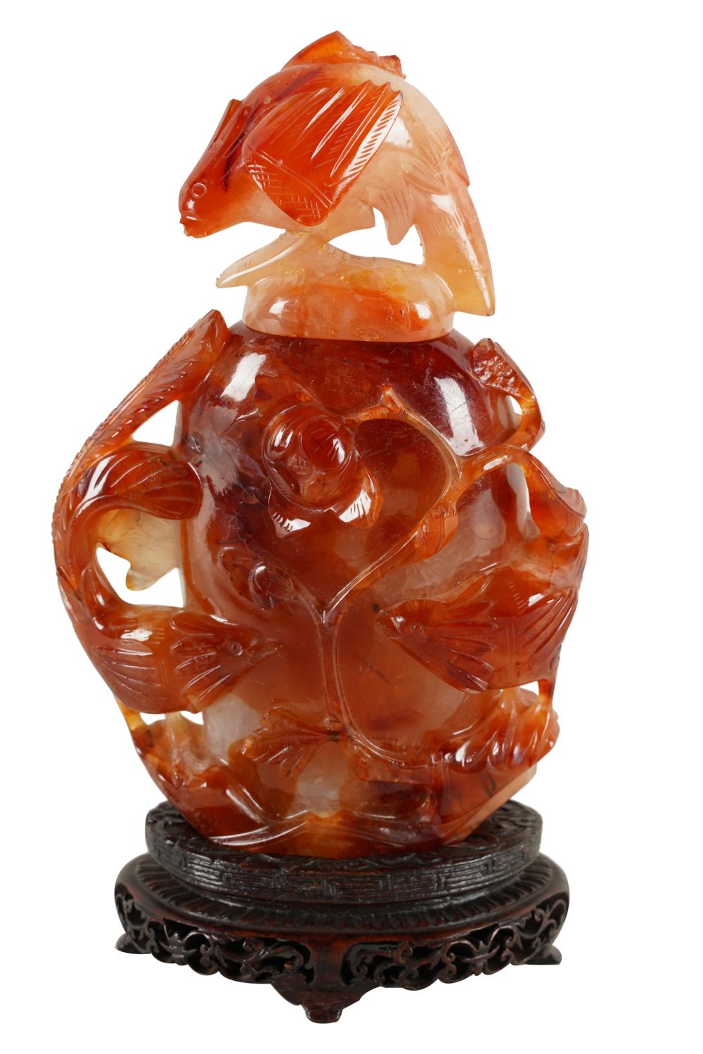 Appraisal: CHINESE CARVED AGATE URNwith cover and wooden stand in a