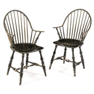 Appraisal: A Pair of Black-Painted Continuous Arm Windsor Chairs th Century