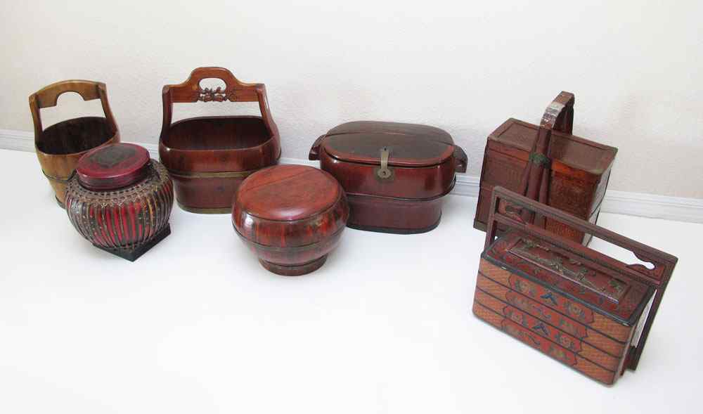 Appraisal: CHINESE BASKETS AND CONTAINERS Good examples of wood lacquer and