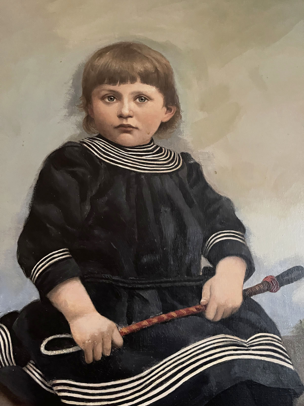 Appraisal: PORTRAIT PAINTING OF A CHILD HOLDING A BUGGY WHIP Oil