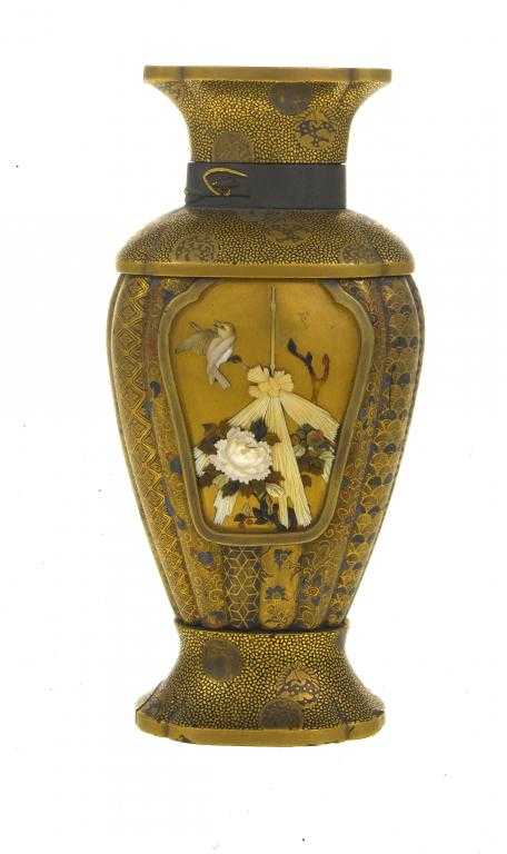 Appraisal: A JAPANESE GOLD LACQUER AND SHIBAYAMA VASE MOUNTED WITH A