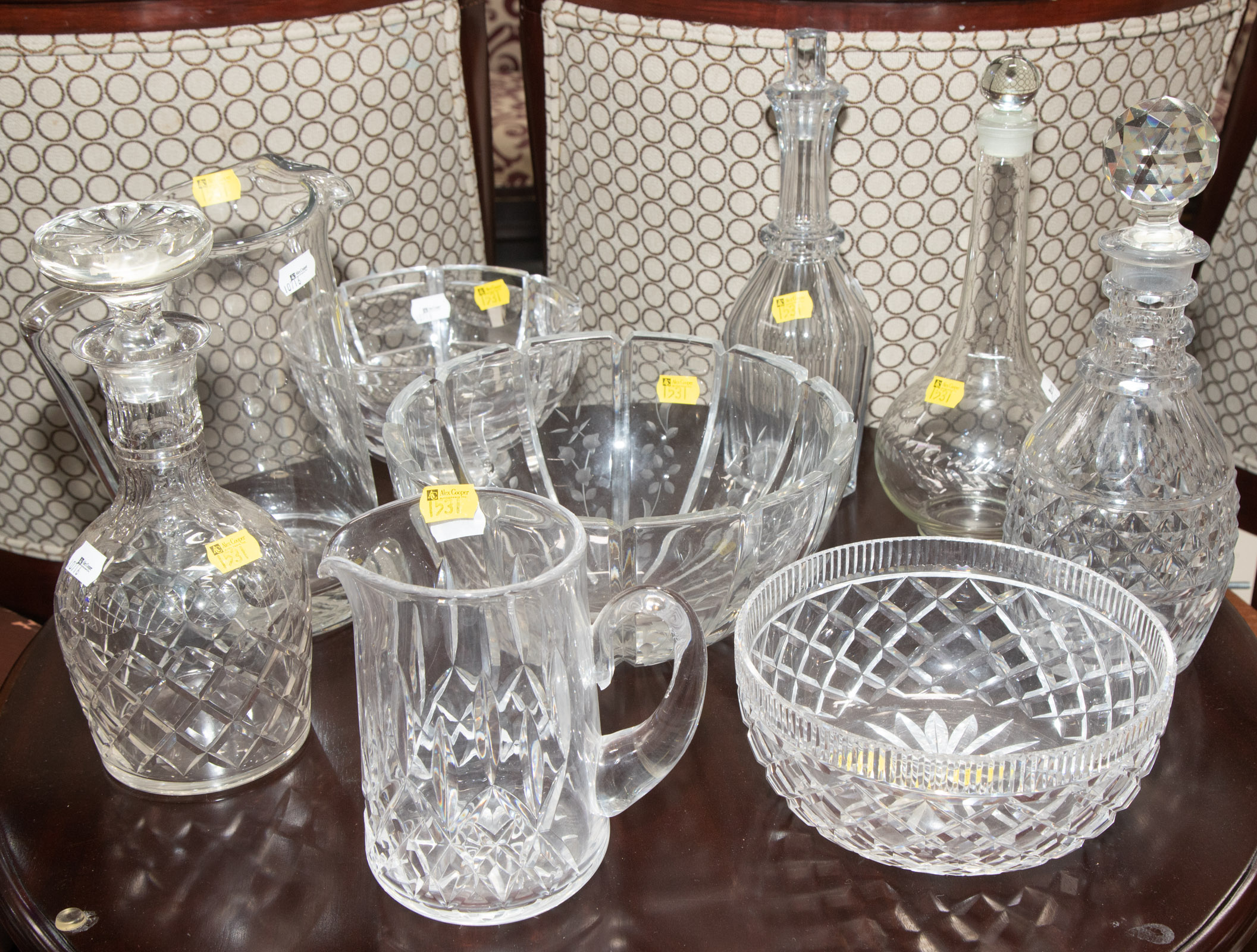 Appraisal: ASSORTED QUALITY GLASS ITEMS Includes Waterford pitcher and bowl decanters