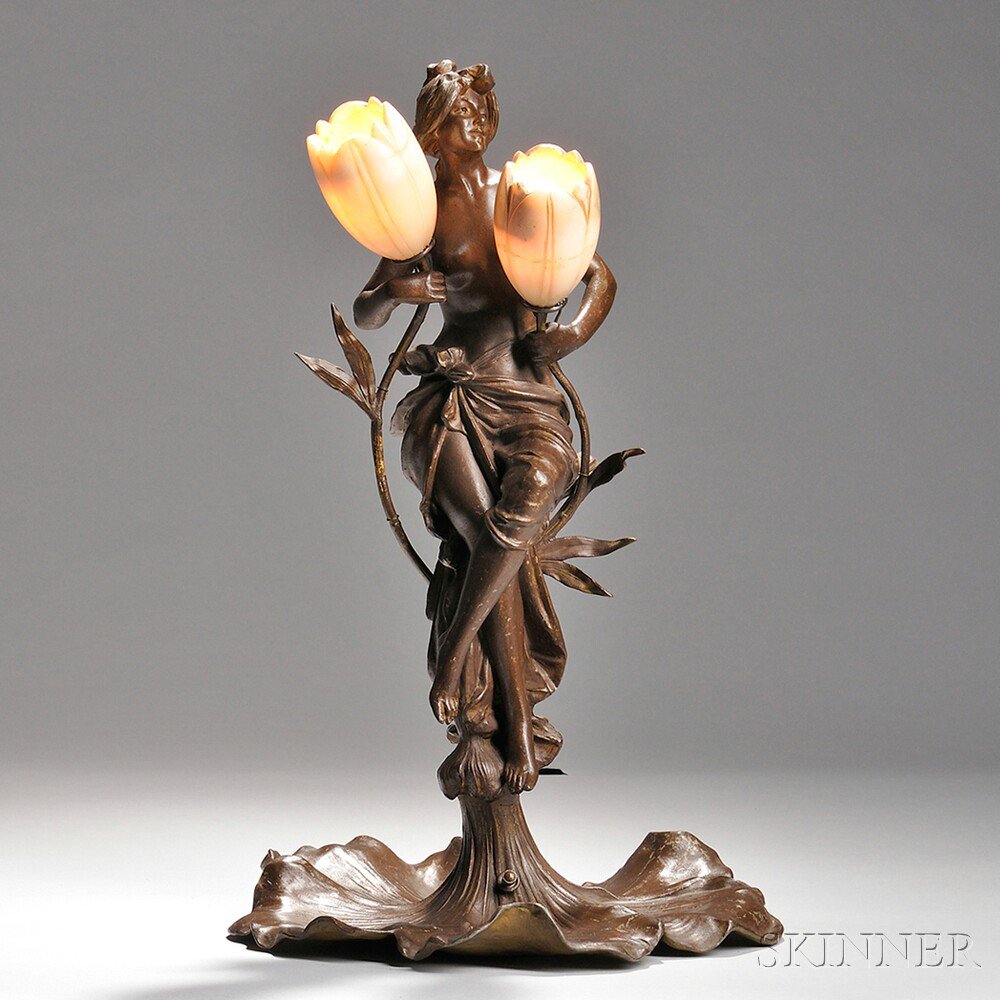 Appraisal: Art Nouveau Figural Lamp with Alabaster Shades Patinated metal and