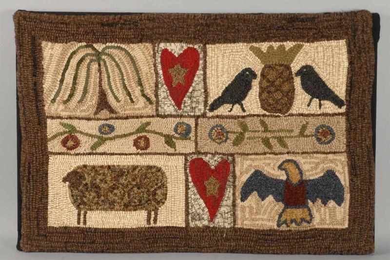 Appraisal: Hook Rug with Eagle Birds Lambs Hearts Condition Excellent Size